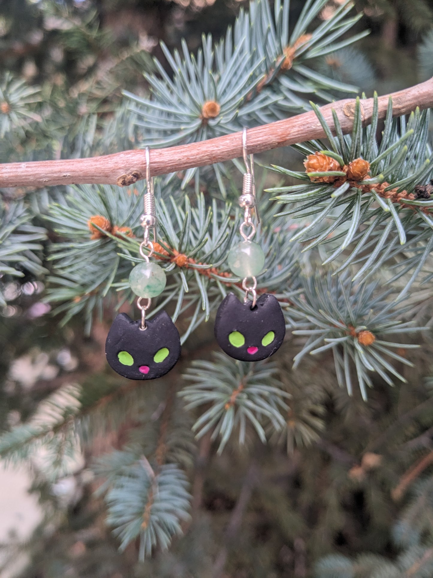 Green Adventurine and Cat Earrings